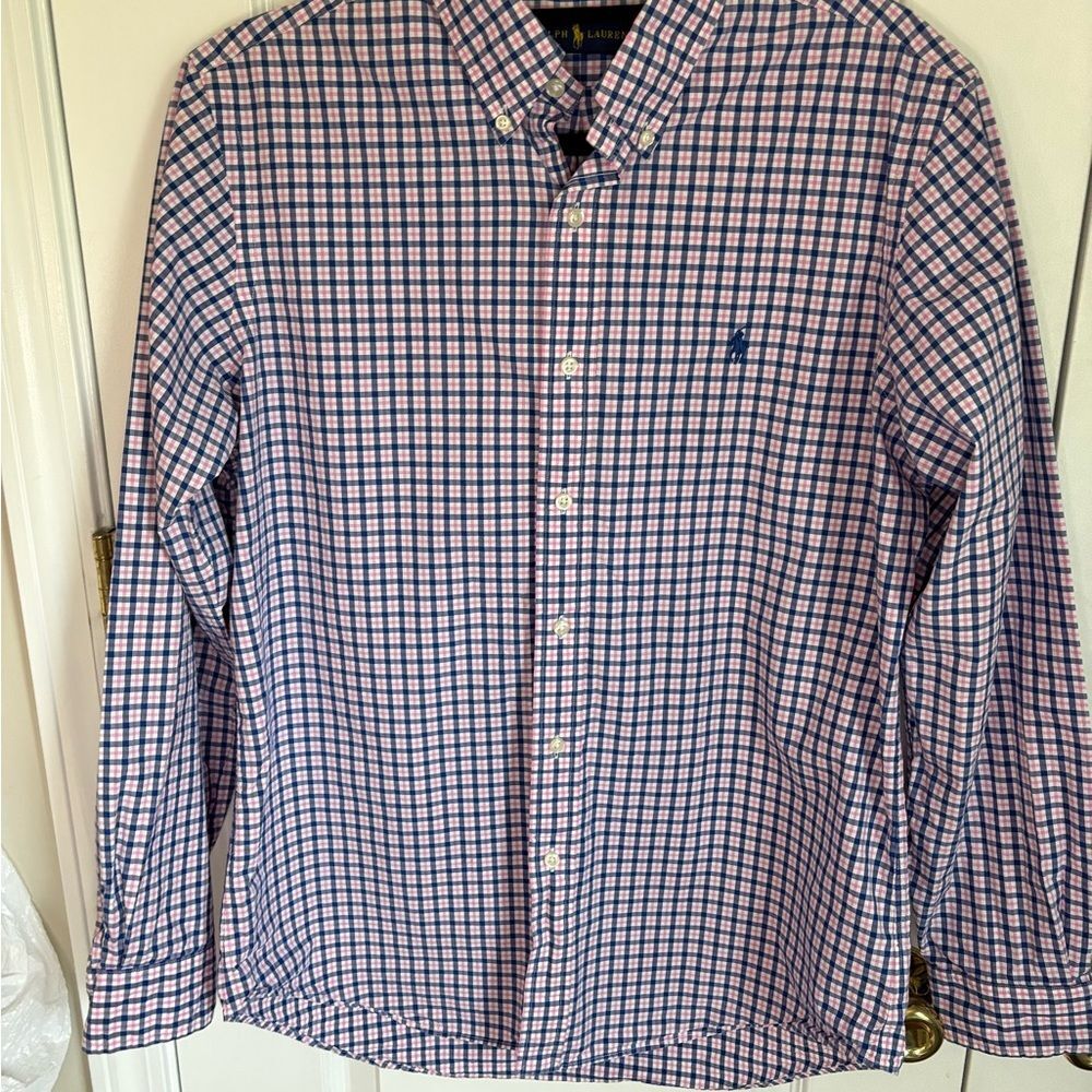Ralph Lauren Button Down Shirt M Pink Blue Plaid Cotton Classic Fit